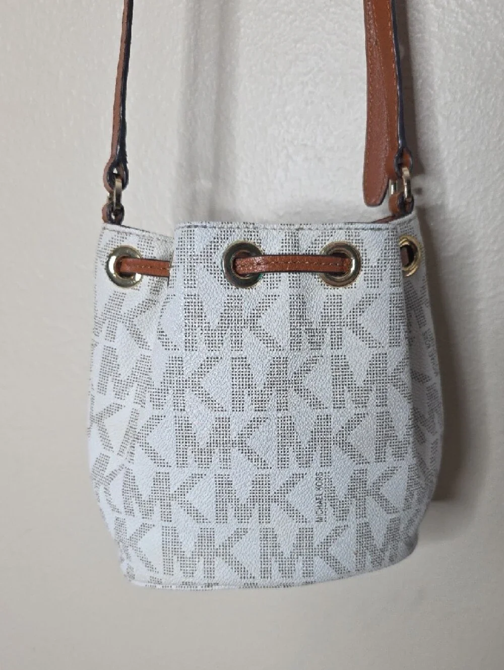 Michael Kors Vanilla Small MK Logo Canvas Fulton Drawstring Crossbody Bucket Bag